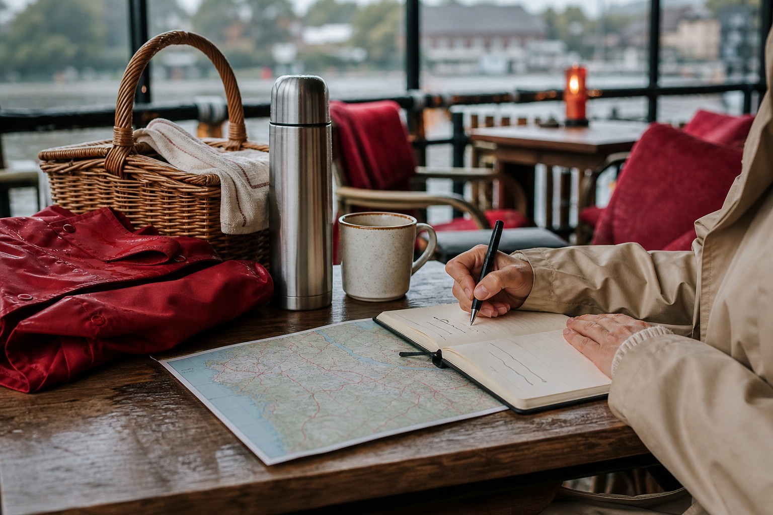 Notitieboek, regenjas en thermos op een beschut terras tijdens een dagje uit