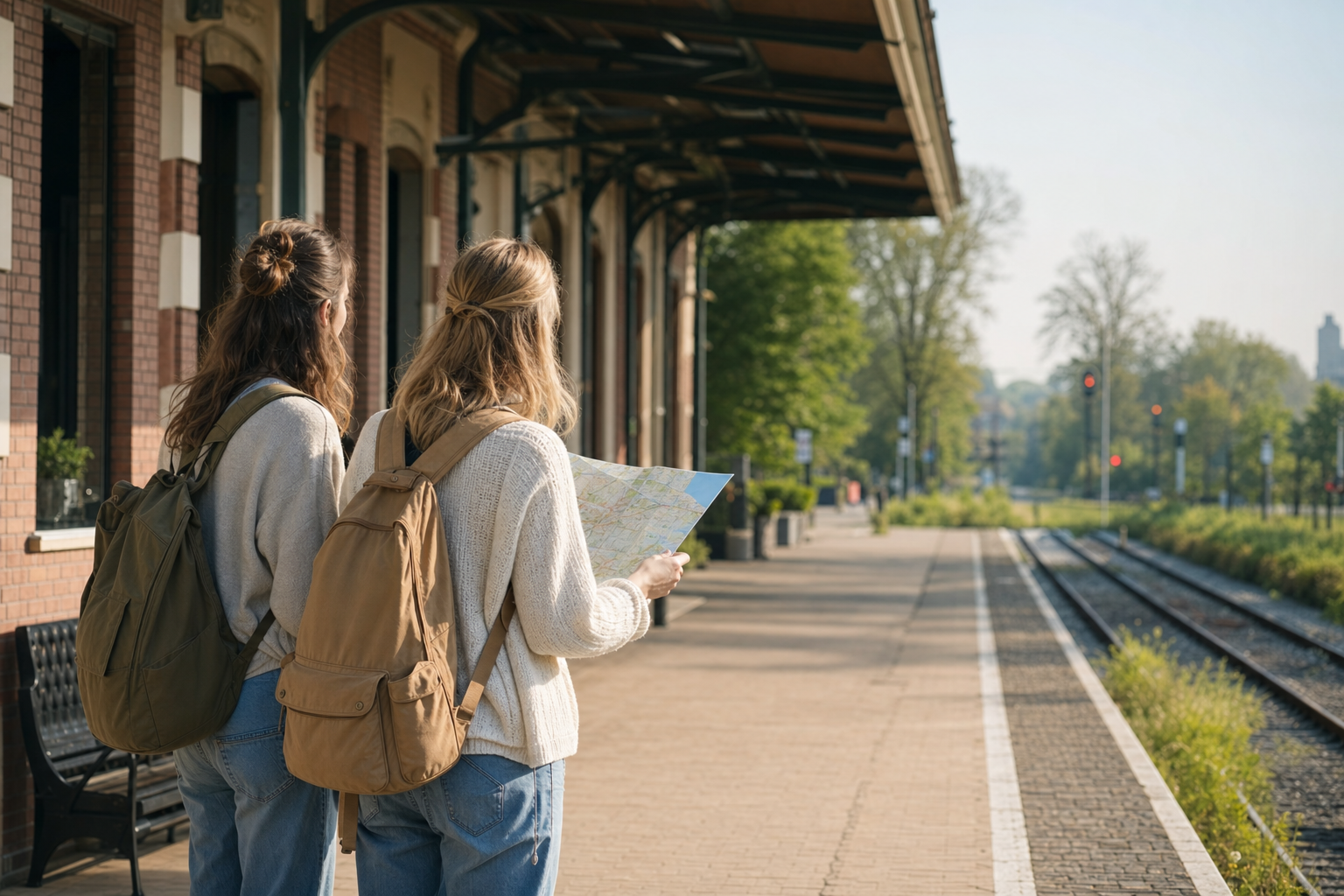 Twee reizigers met rugzakken en een kaart op een rustig perron in de ochtendzon