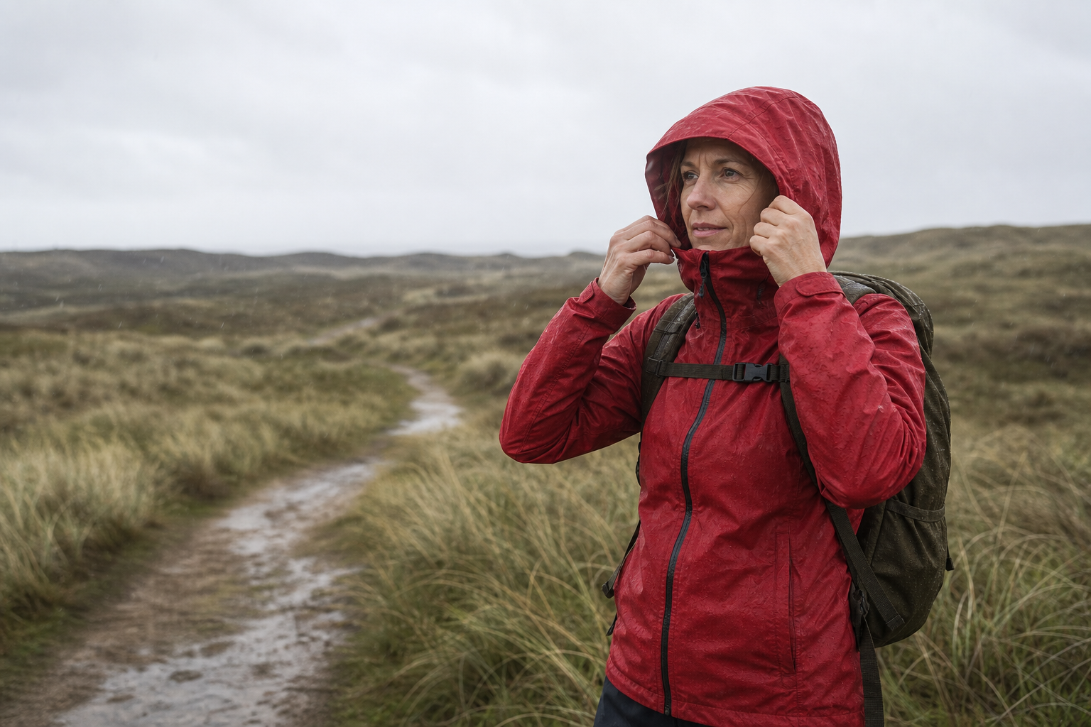 Wandelaar in een warme rode regenjas op een nat pad door de duinen