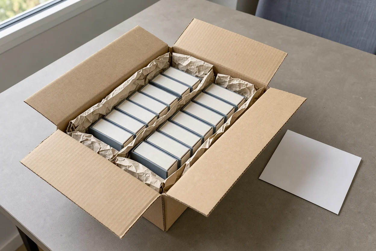 een open stevige verzenddoos met diadozen die door eenvoudig opvulmateriaal op hun plek blijven, naast een blanco opdrachtkaart